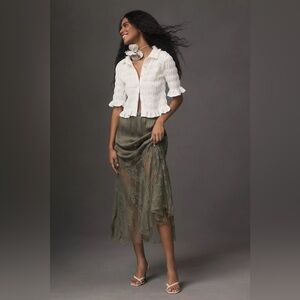 Anthropologie Maeve white smocked button front top